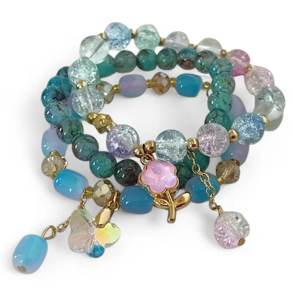 Sparkling Teal Beaded Charm Bracelet Set Blue Pink Flower Butterfly Cute Fairy - Picture 1 of 9